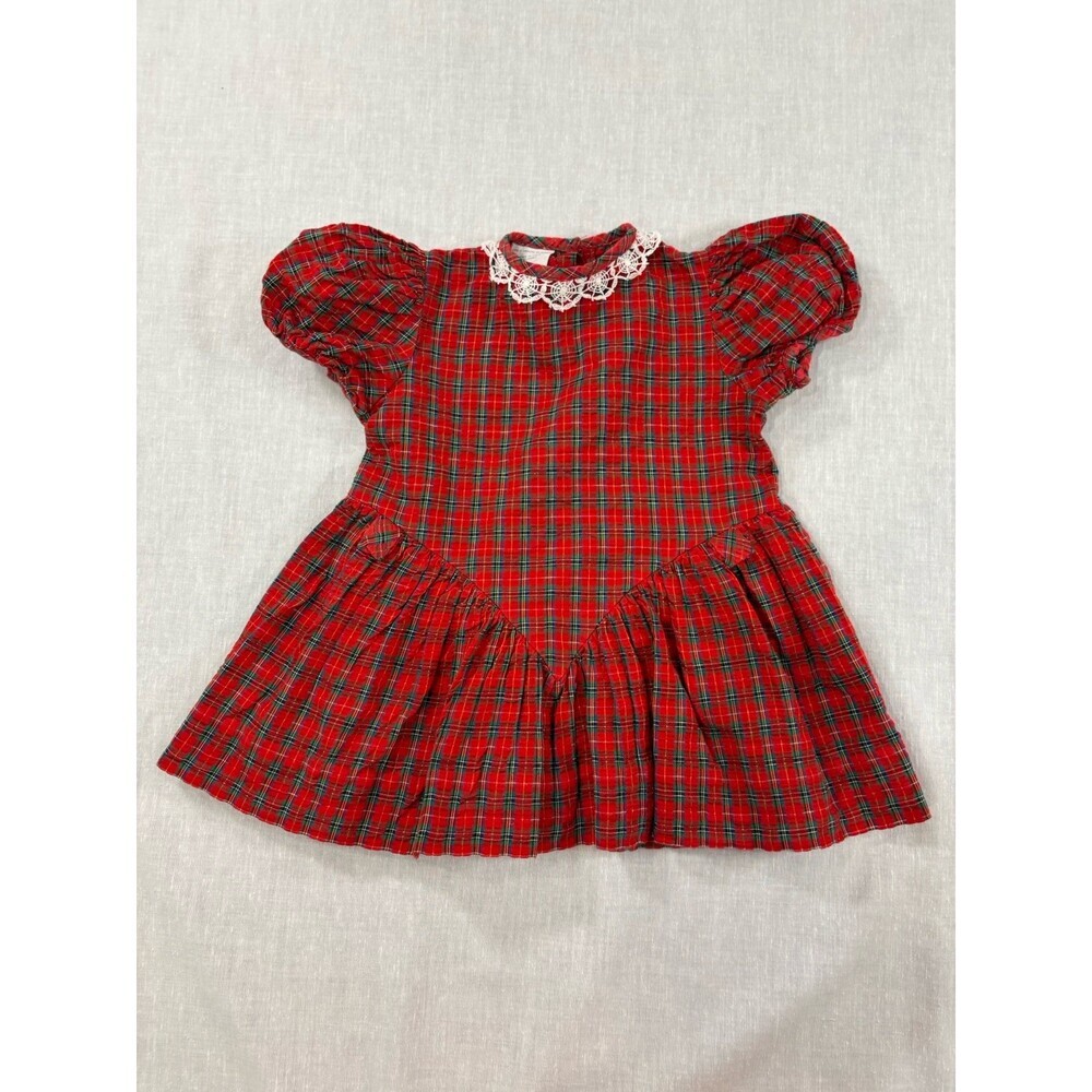 Youngland Vintage Girls Red & Green Tartan Plaid Crochet Lace Collar Size 2T
